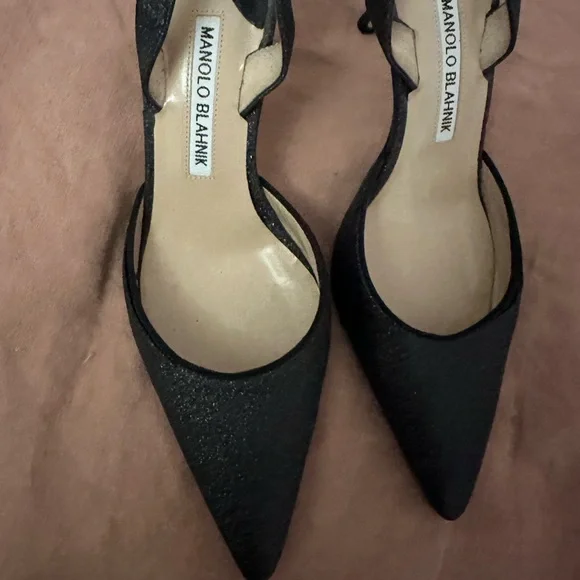 Manolo Blahnik Carolyne Low Heel Women's Slingback Pumps Black Glitter EU 35.5 - Picture 1 of 6